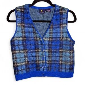 Lizsport size S mohair blend blue plaid vest with blue buttons